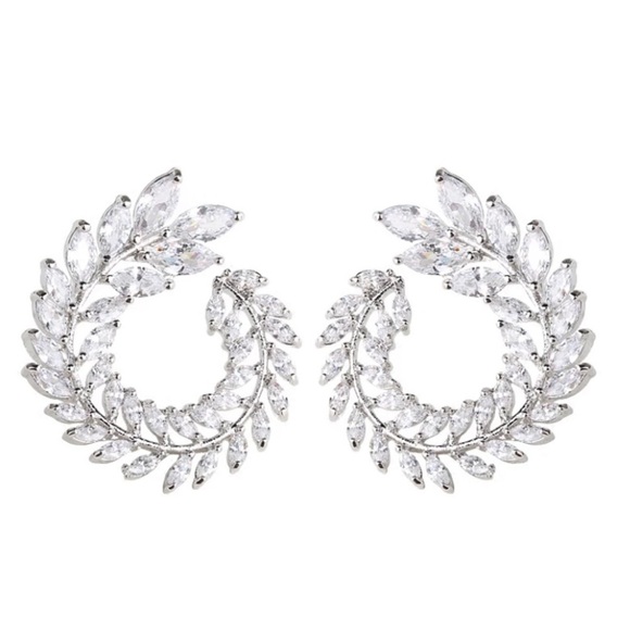 Silver Cubic Zircon Leaf CZ Wreath Rhinestone Diamond Earrings - Picture 7 of 7
